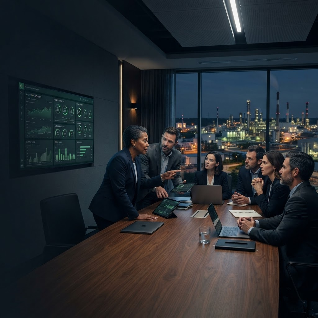 Corporate leaders and engineers reviewing a Net Zero transition programme